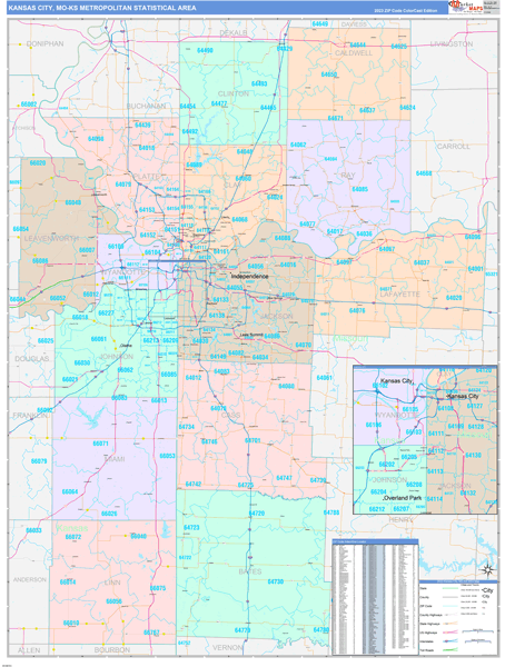 Kansas City Metro Area Digital Map Color Cast Style